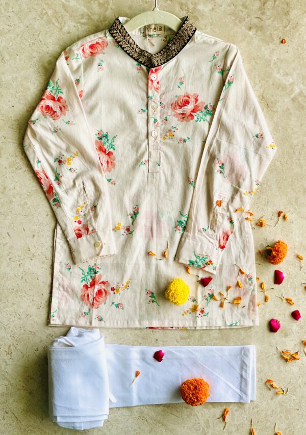 Pink Floral Kurta Pajama Set, Bottlegreen silk bandi